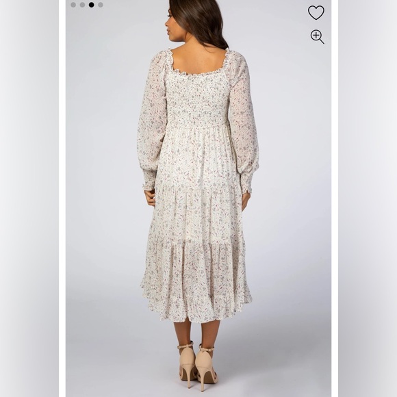 NWOT Pinkblush Ivory Floral Smocked Front Ruffle Hem Maternity Midi Dress size M - Picture 3 of 9